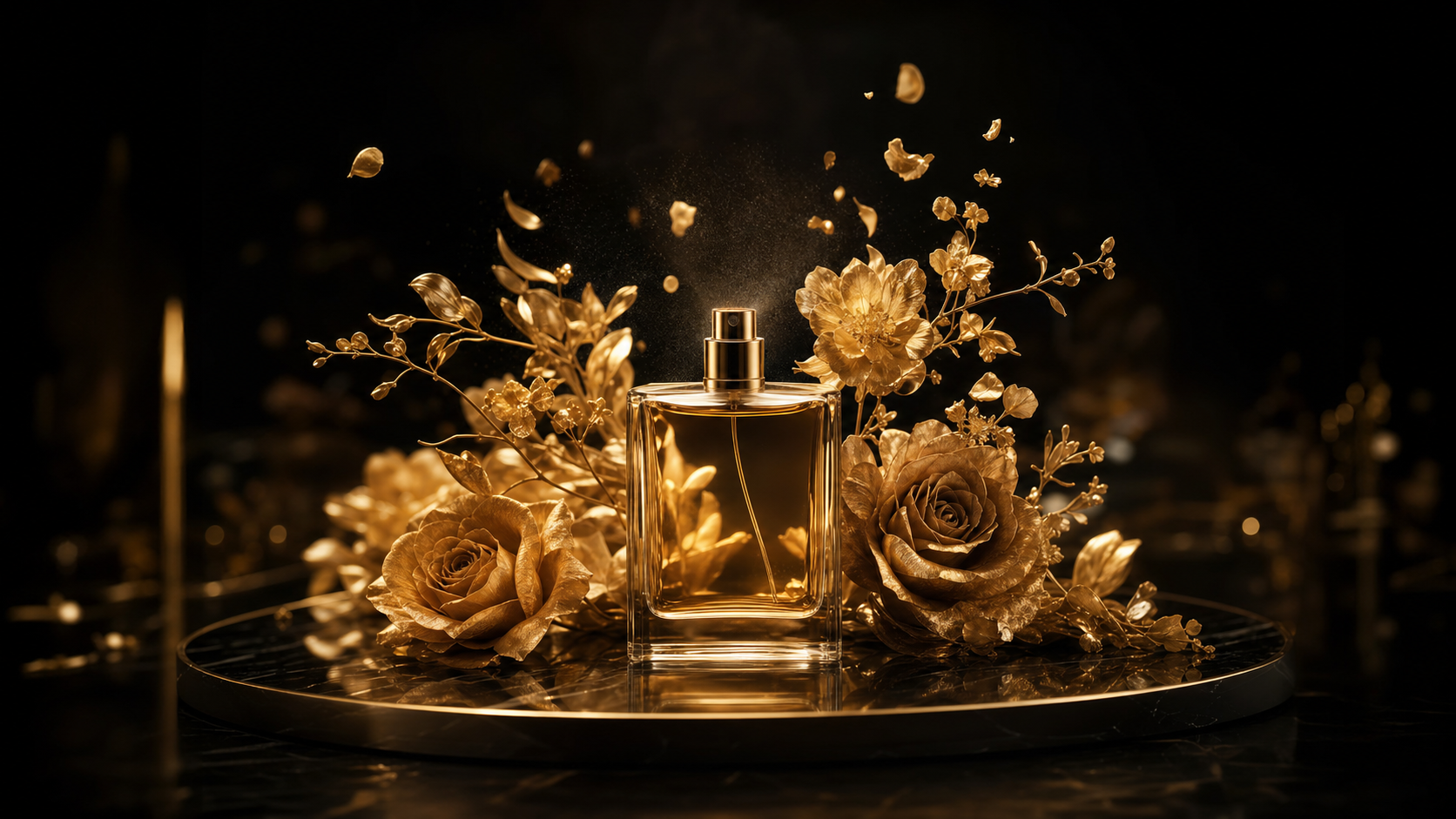 Gold perfume bottle with cinematic warm lighting